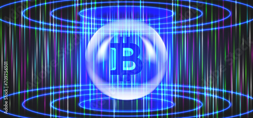 Vector 3D Bitcoin symbol. Bright glowing hi-tech digital banner. Financial hologram. A bubble with glare in a neon glow. Virtual space. Blockchain cryptocurrency. Wallpaper or background.