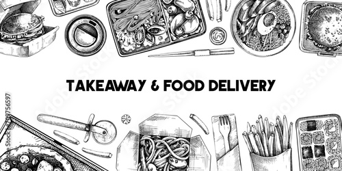 Takeaway and food delivery banner. Hand drawn vector illustration. Vintage style. Takeout food in paper box, fast food menu design. Pizza, burger, coffee, noodles, poke, sushi sketch