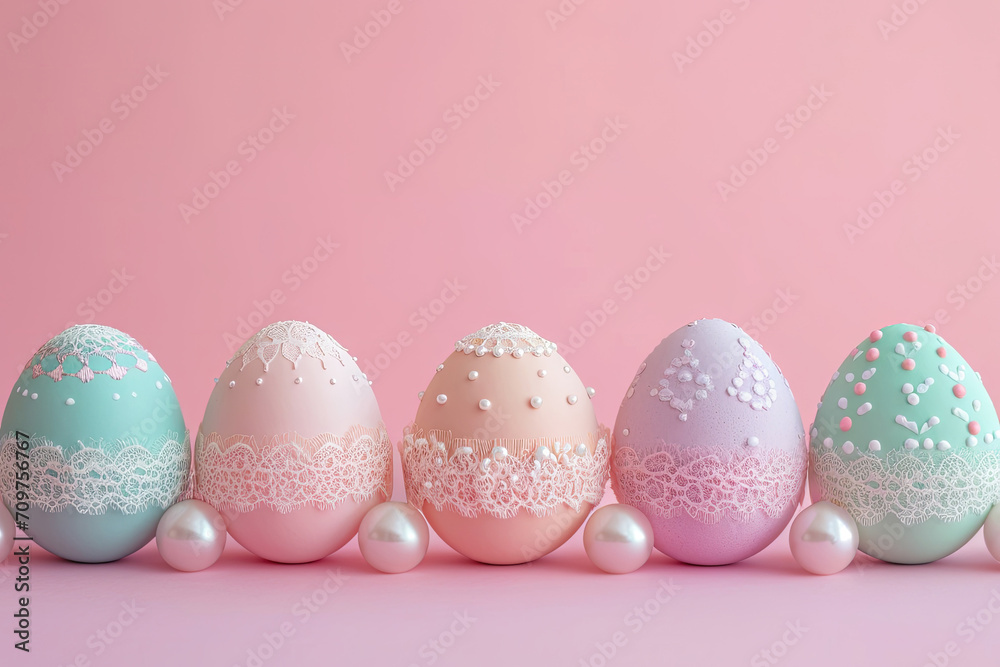 Easter eggs adorned with lace and pearls on pale pink background
