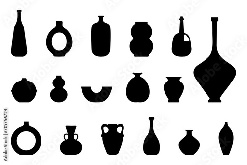 Black vases silhouette on white background. Minimalist antique ceramic pottery for interior. Set of pottery and vases silhouettes. Different antique ceramic vases and vessels