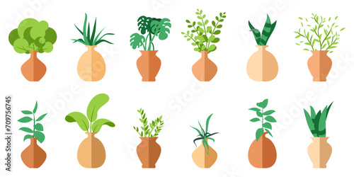 Houseplants interior icons in a flat design. Modern house plants in different clay pots and planters. Set of houseplants in clay pots for home, office, indoor decoration