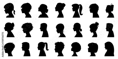 Profile people head silhouette collection. Group young people. Profile silhouette faces of different people photo