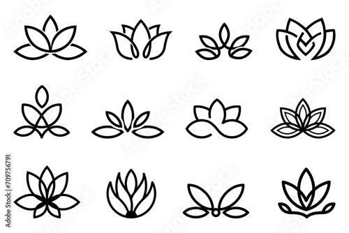 Lotus flower icons in linear style. Set of three silhouettes of lotus flowers. Linear lotus icons