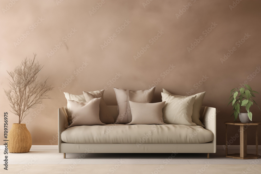 Sofa bege escuro com almofadas com vasos de planta dos dois lados e ao fundo uma parede bege escuro - moderno e minimalista  - obrazy, fototapety, plakaty 