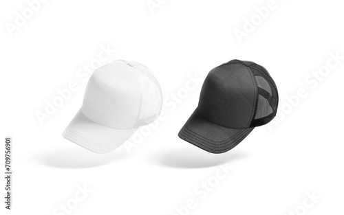 Blank black and white trucker hat mockup, no gravity