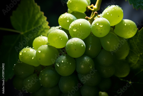 Cacho de uvas verdes com gotas de agua isolado no fundo preto - Macro 