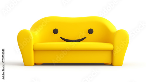 Sofá amarelo com olhos e um sorriso isolado no fundo branco - Ilustração fofa photo