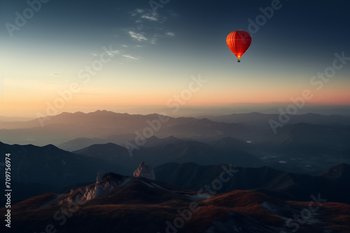 Balão de ar quente voando no céu em uma paisagem de montanhas ao entardecer © vitor