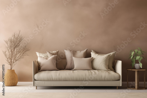 Sofa bege escuro com almofadas com vasos de planta dos dois lados e ao fundo uma parede bege escuro - moderno e minimalista  photo