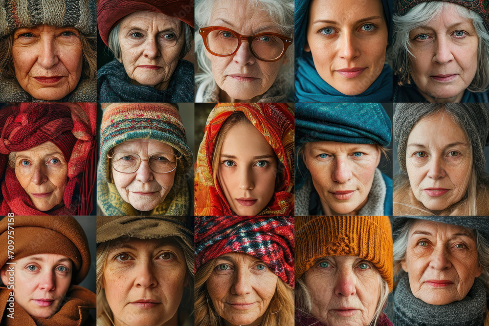 Collage of portraits of women of different ages with colorful hats Collage of portraits of women of different ages with colorful hats