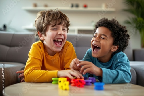 Diverse kids enjoying learning activities with toys indoors photo