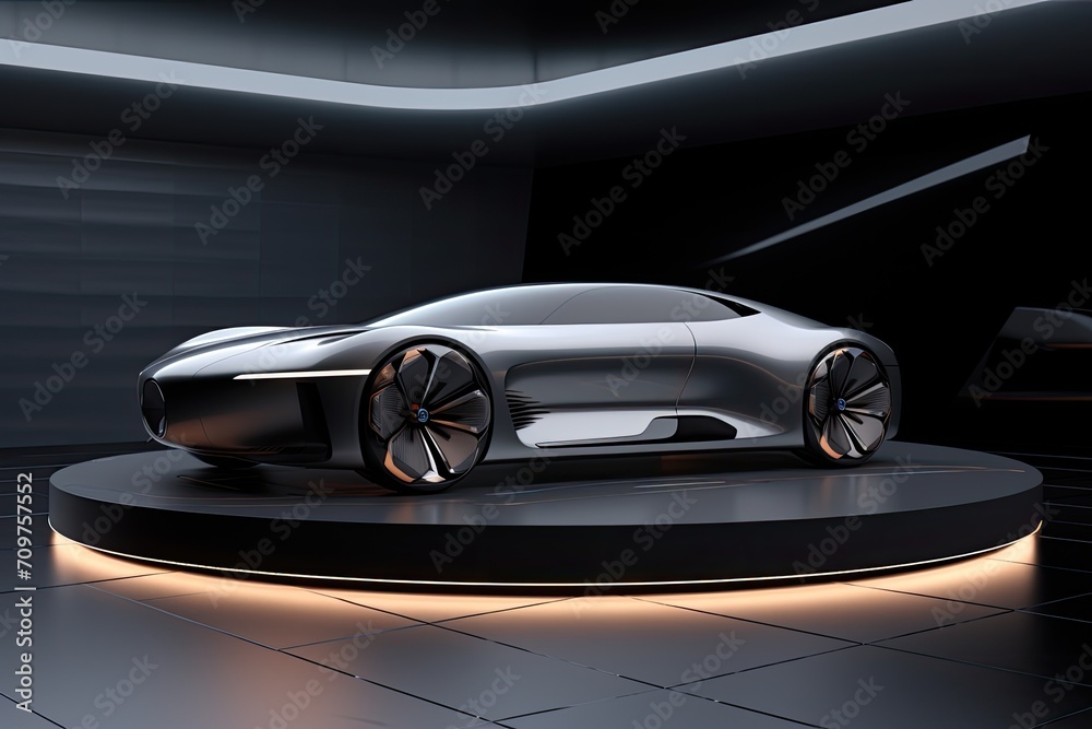 The photograph depicts a concept car standing on a black podium in a dark room. The car is silver in color and has a futuristic design. It has smooth, streamlined shapes and flowing lines.