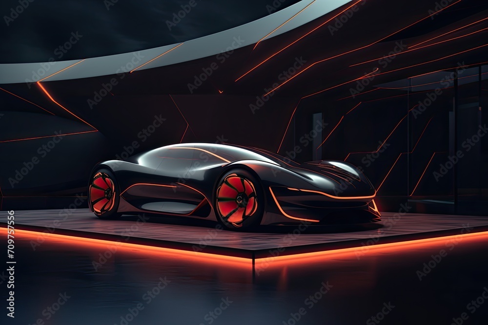 The photograph depicts a futuristic car parked on a platform in a dark garage. The car is black in color, has a streamlined design, and bright neon lights. The platform is raised above the ground.