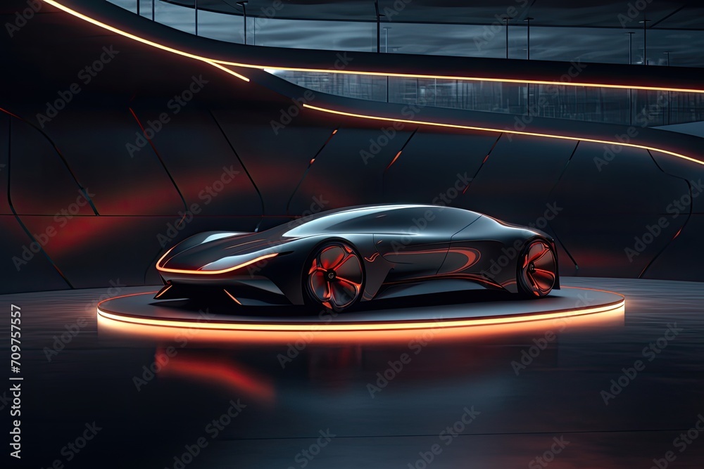 The photo shows a futuristic car parked on a pedestal in a garage. The car is black and has a futuristic design. The garage is dark and has many windows. The car is parked on a pedestal in the garage.