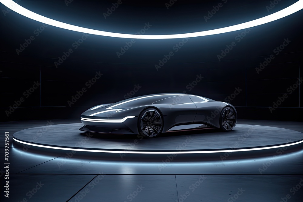 The photograph shows a futuristic car standing on a pedestal in a dark room. The car is black and has a futuristic design. It has a smooth, streamlined body with sharp angles and lines.