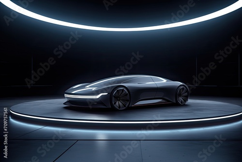 The photograph shows a futuristic car standing on a pedestal in a dark room. The car is black and has a futuristic design. It has a smooth, streamlined body with sharp angles and lines.