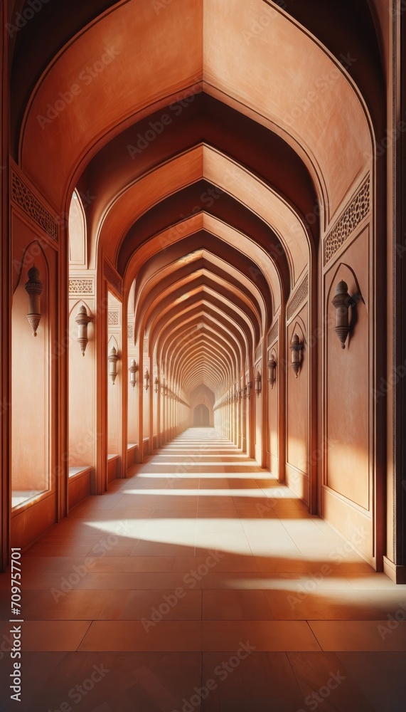 long corridor with terracotta-colored arched walls, capturing the essence of traditional Middle Eastern architecture