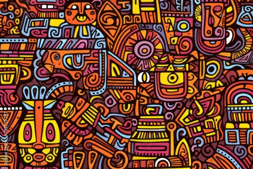 Cartoon cute doodles featuring African tribal symbols and patterns  intricately arranged to create a vibrant and culturally inspired seamless backdrop  Generative AI