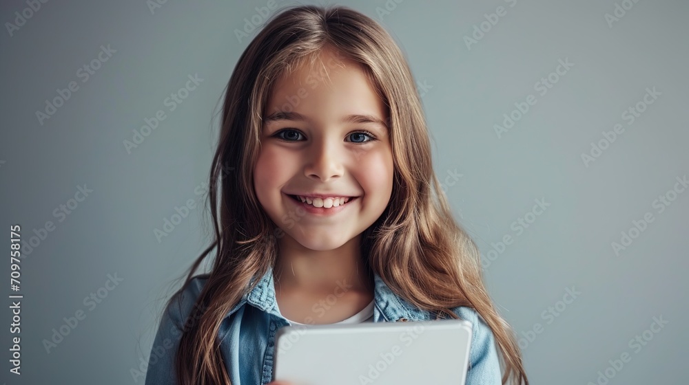 girl utilizing a tablet computer on a gray backdrop.