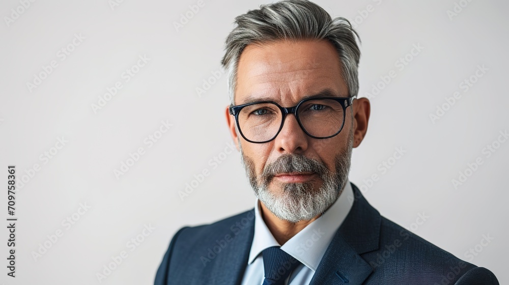 On a white background, a contented older businessman is focusing on the camera. On a white background, a contented older businessman is focusing on the camera.