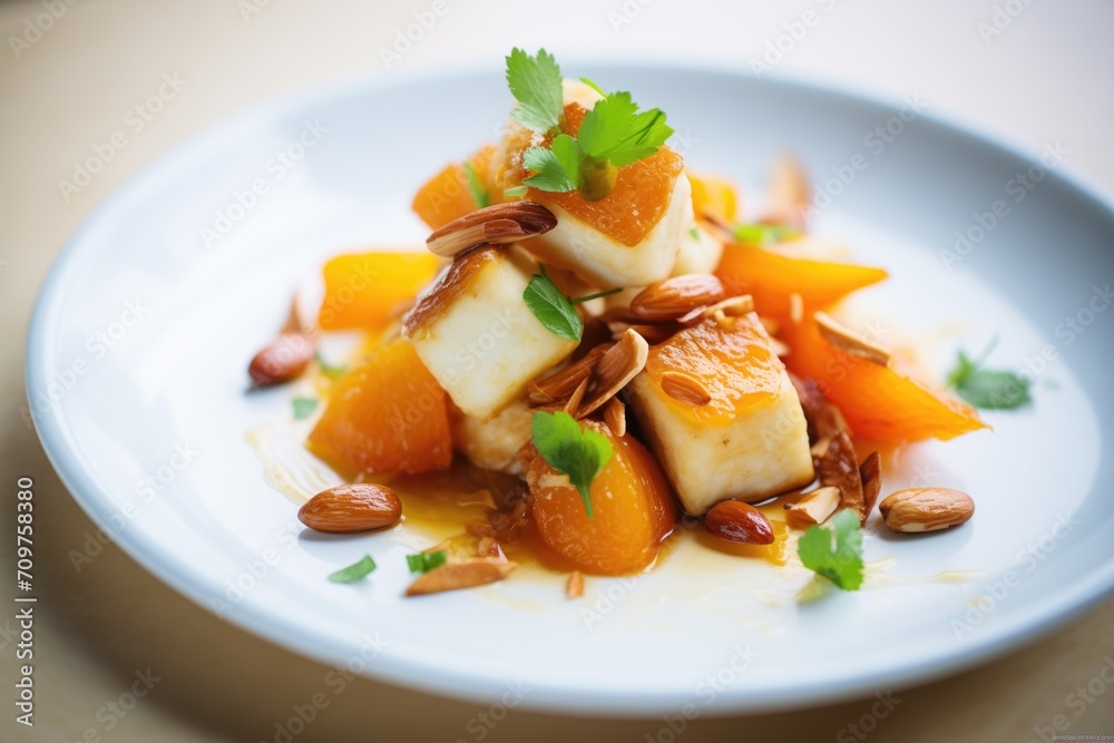 halloumi cheese with roasted almonds and dried apricots