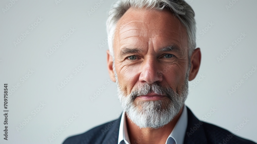 On a white background, a contented older businessman is focusing on the camera. On a white background, a contented older businessman is focusing on the camera.