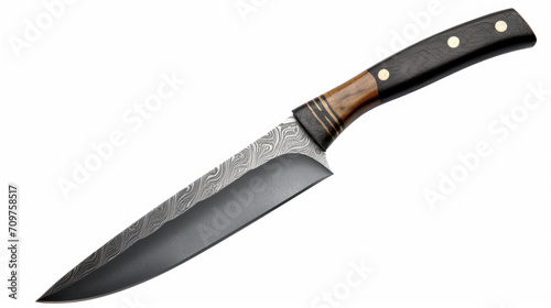 Chef's kitchen knife with damascus steel blade isolated on white background
