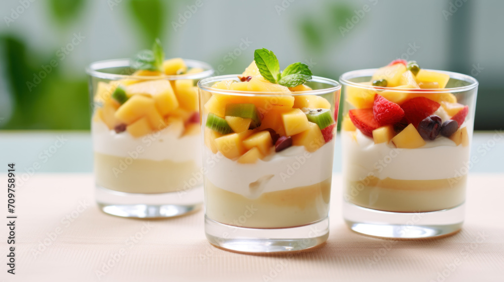 Summer fruit desserts with whipped cream in glasses Summer fruit desserts with whipped cream in glasses