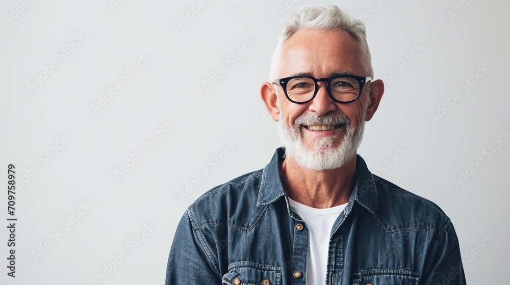 An older, happy man is shown in a portrait on a white background. - obrazy, fototapety, plakaty 