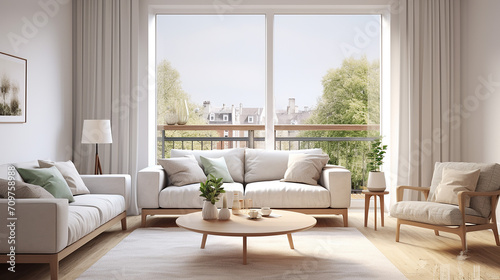 interior design of modern Scandinavian apartment living room with big window © Aura