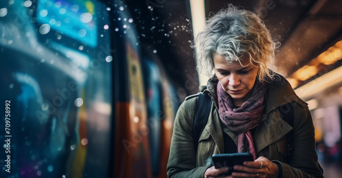 Woman Using Mobile Phone App in Train Station