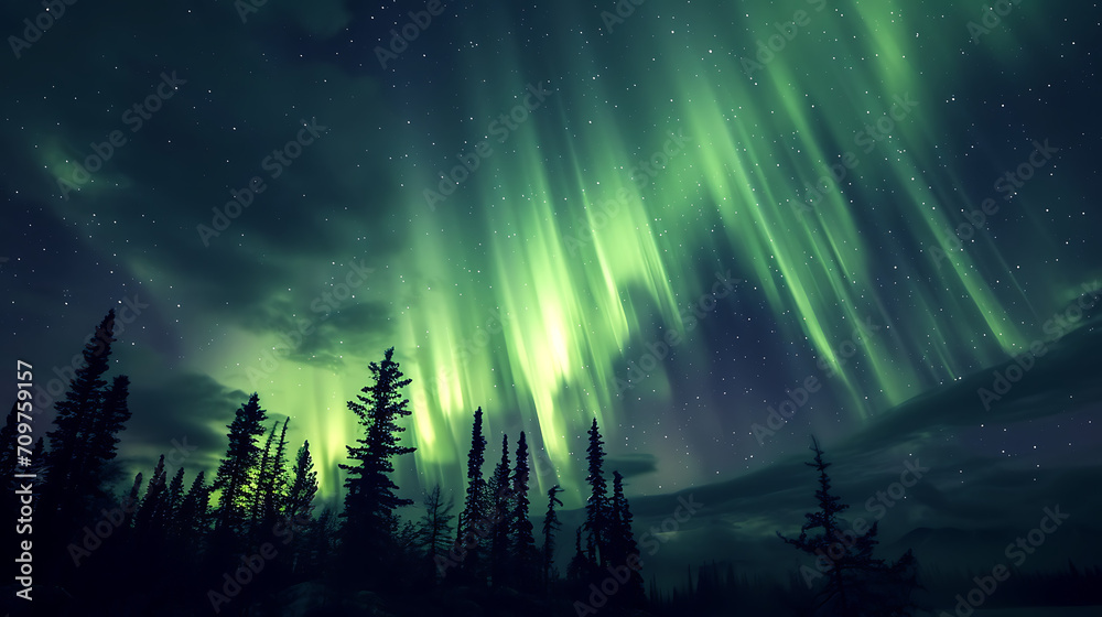 Fototapeta premium aurora borealis in the mountains, forest and lake. - The awe-inspiring sight of auroras in the night sky, witnessed firsthand.