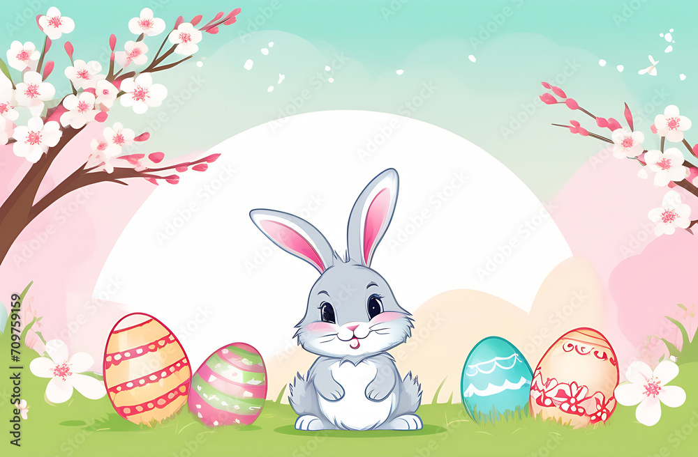Obraz premium Cute Easter bunny and colored eggs in clipart style on a background of green grass, flowers, blue background