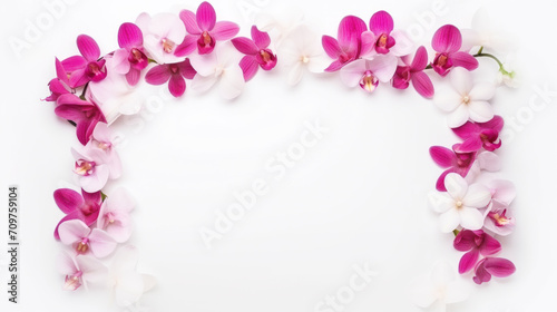 Mockup frame with pink and white orchid flowers, white background