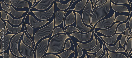 golden leaves botanical line art seamless pattern.