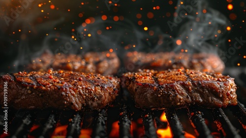 Beef steaks on the grill, dark background, meat food photo