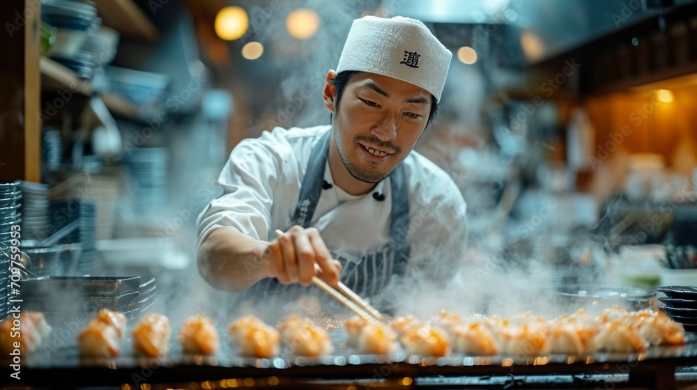 Chef in Japanese restaurant, japanese chef cooking in a kitchen Chef in Japanese restaurant, japanese chef cooking in a kitchen