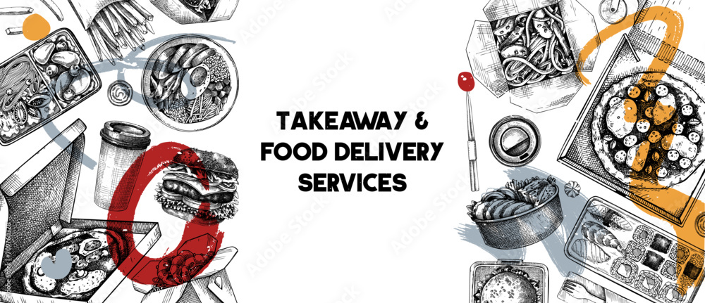Takeaway and food delivery banner. Hand drawn vector illustration. Collage style background. Takeout food in paper box, fast food menu design. Pizza, burger, coffee, noodles, poke, sushi sketch