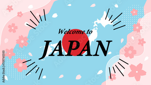 ようこそ日本へ、Welcome to Japan。日本地図と日の丸と春の桜のベクター背景イラスト素材