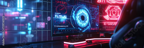 cyberpunk, hologram Eye, cyberpunk monitor on wall, hologram eye, holographic eye, PINK AND BLUE NEON LIGHT, SciFi.