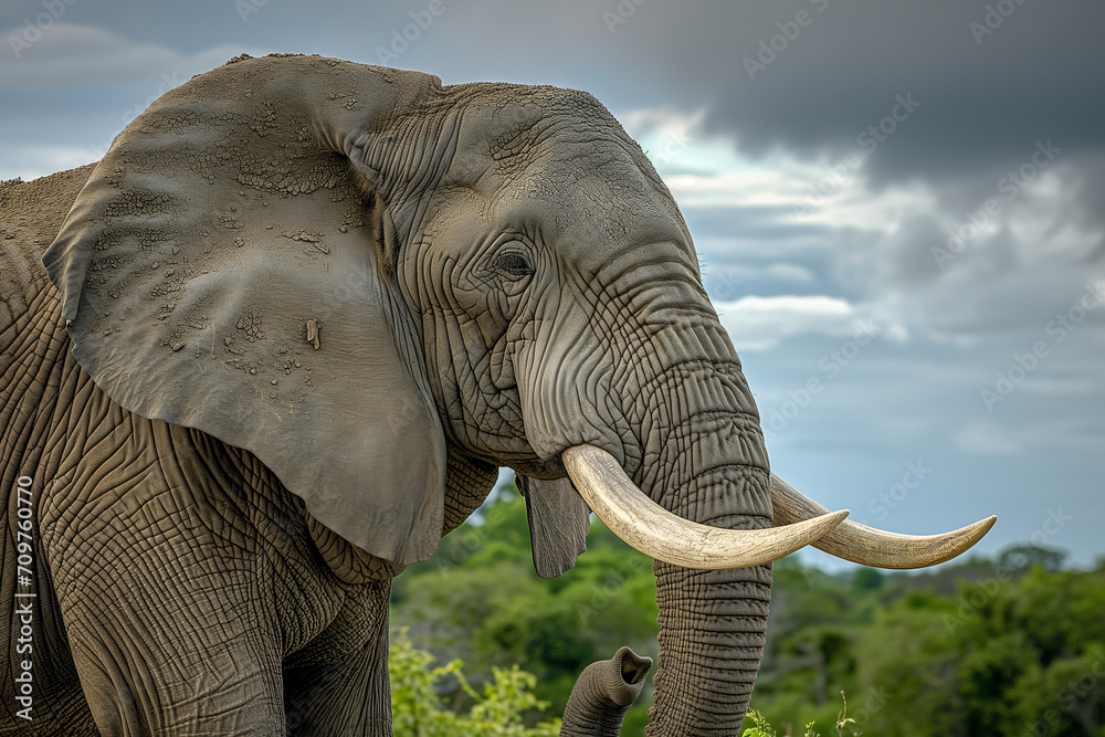 Fototapeta premium Threatening male elephant. Close up of elephant. Amazing African elephant with dust and sand on wildlife background. Wildlife scene.