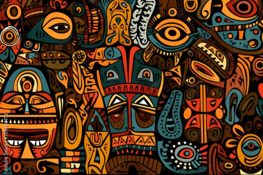 Cartoon cute doodles illustrating African tribal patterns and symbols, seamlessly combined to create a vibrant and culturally rich seamless backdrop, Generative AI