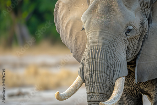 Threatening male elephant. Close up of elephant. Amazing African elephant with dust and sand on wildlife background. Wildlife scene.