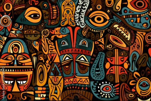 Cartoon cute doodles illustrating African tribal patterns and symbols  seamlessly combined to create a vibrant and culturally rich seamless backdrop  Generative AI