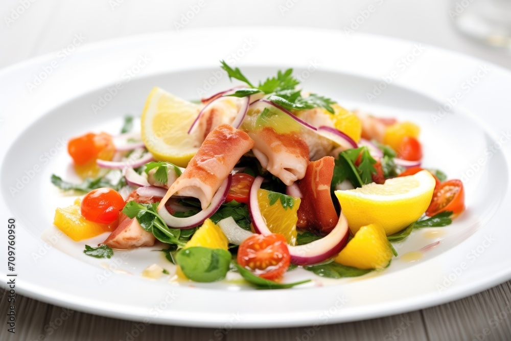 fresh octopus salad on a white plate with lemon wedges fresh octopus salad on a white plate with lemon wedges