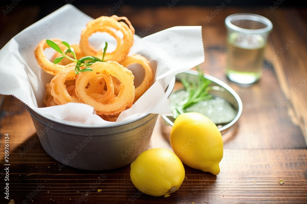 basket of onion rings with a lemon wedge