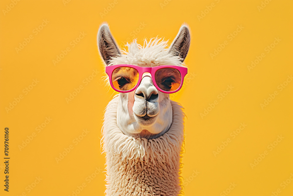 Funny llama wear the sunglasses on pastel color background