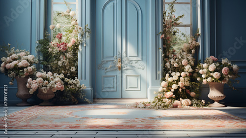 Elegant Doorway Flanked by Blossoms, serene entrance graced by lush floral arrangements on a sunny day, inviting a sense of tranquility and beauty