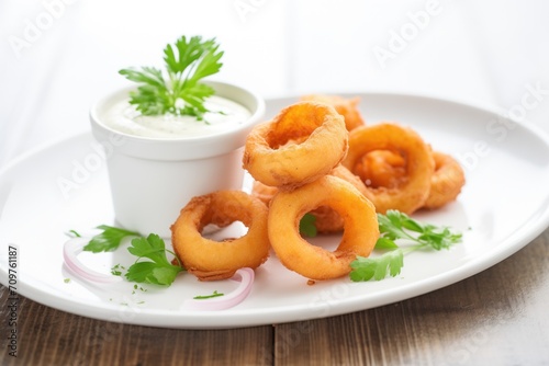 onion rings with parsley garnish on white plate