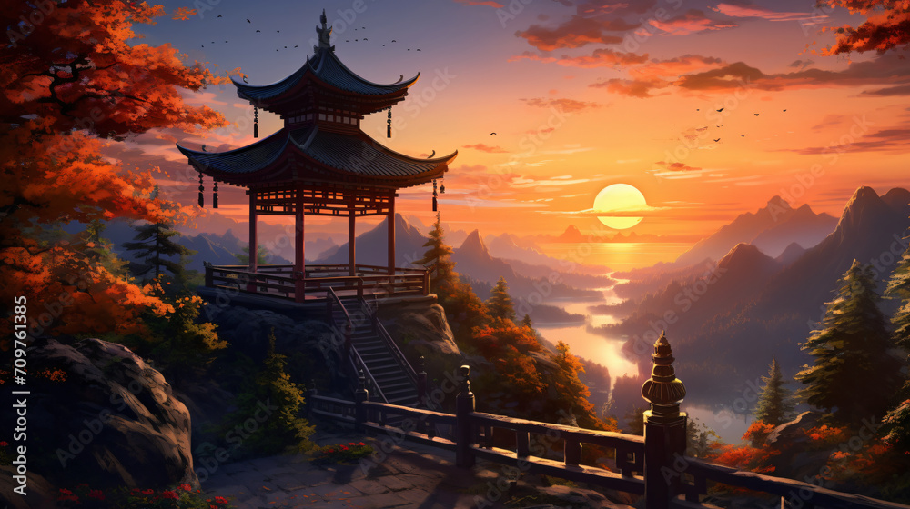 illustration of natural scenery when the sun sets seen from the mountain and there is a gazebo